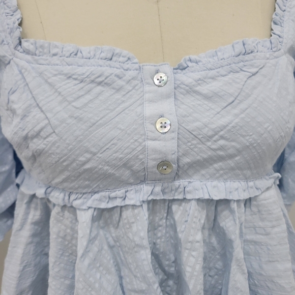 NWOT Free People Women's Ruffle Trim Puffy Sleeves Light Blue Crop Blouse Sz XS - Picture 6 of 13
